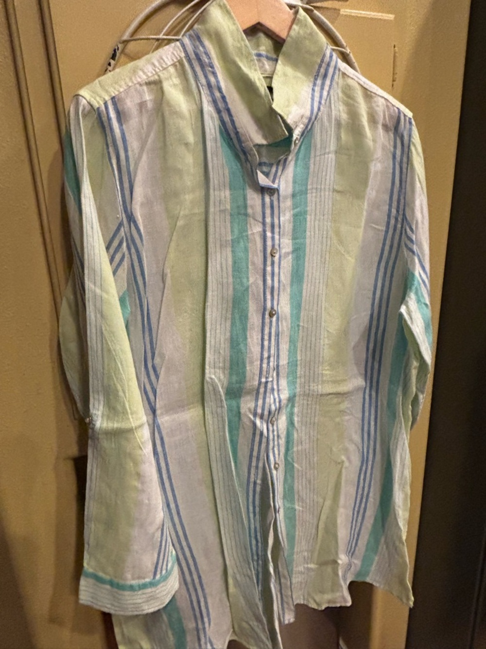 Jones New York Pale Green, Aqua & Blue Striped Button-Up Blouse
